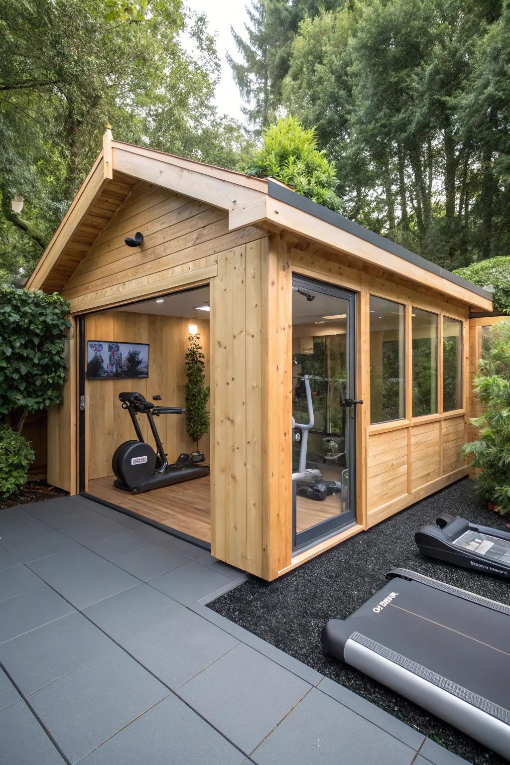 Transform your backyard into a sleek home gym with this expertly crafted shed design.