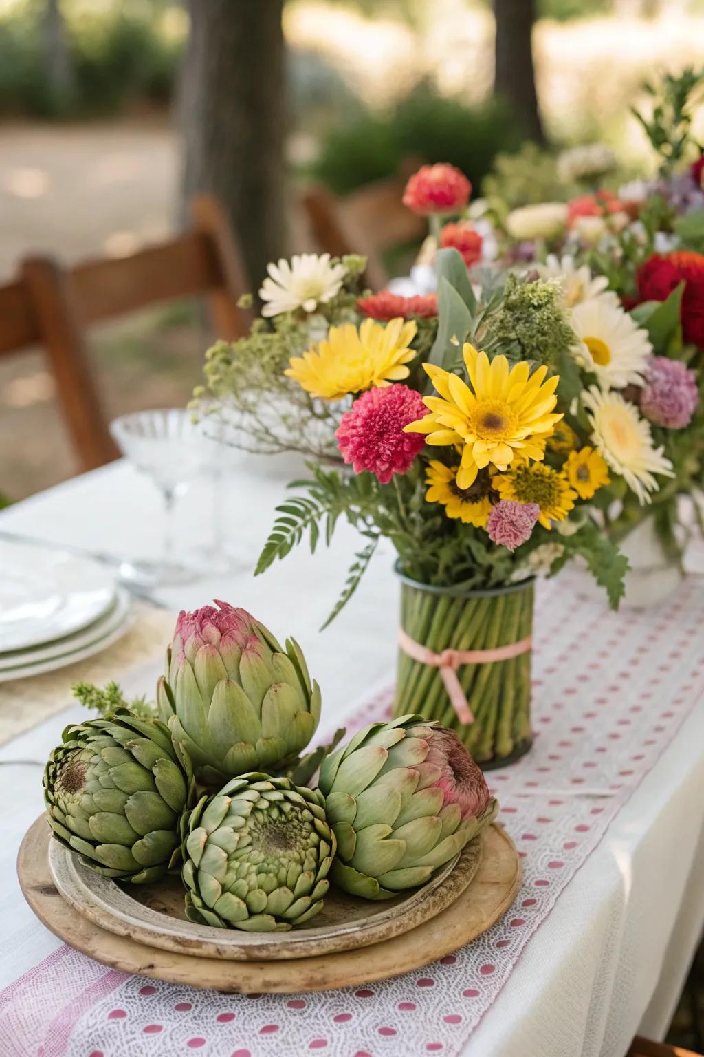 Unconventional elements like artichokes add whimsy to arrangements.
