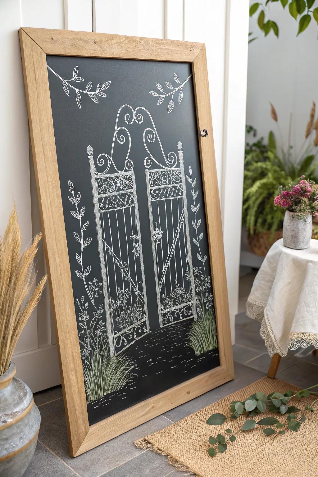 Step into the magic of spring with this enchanting garden gate chalkboard art.