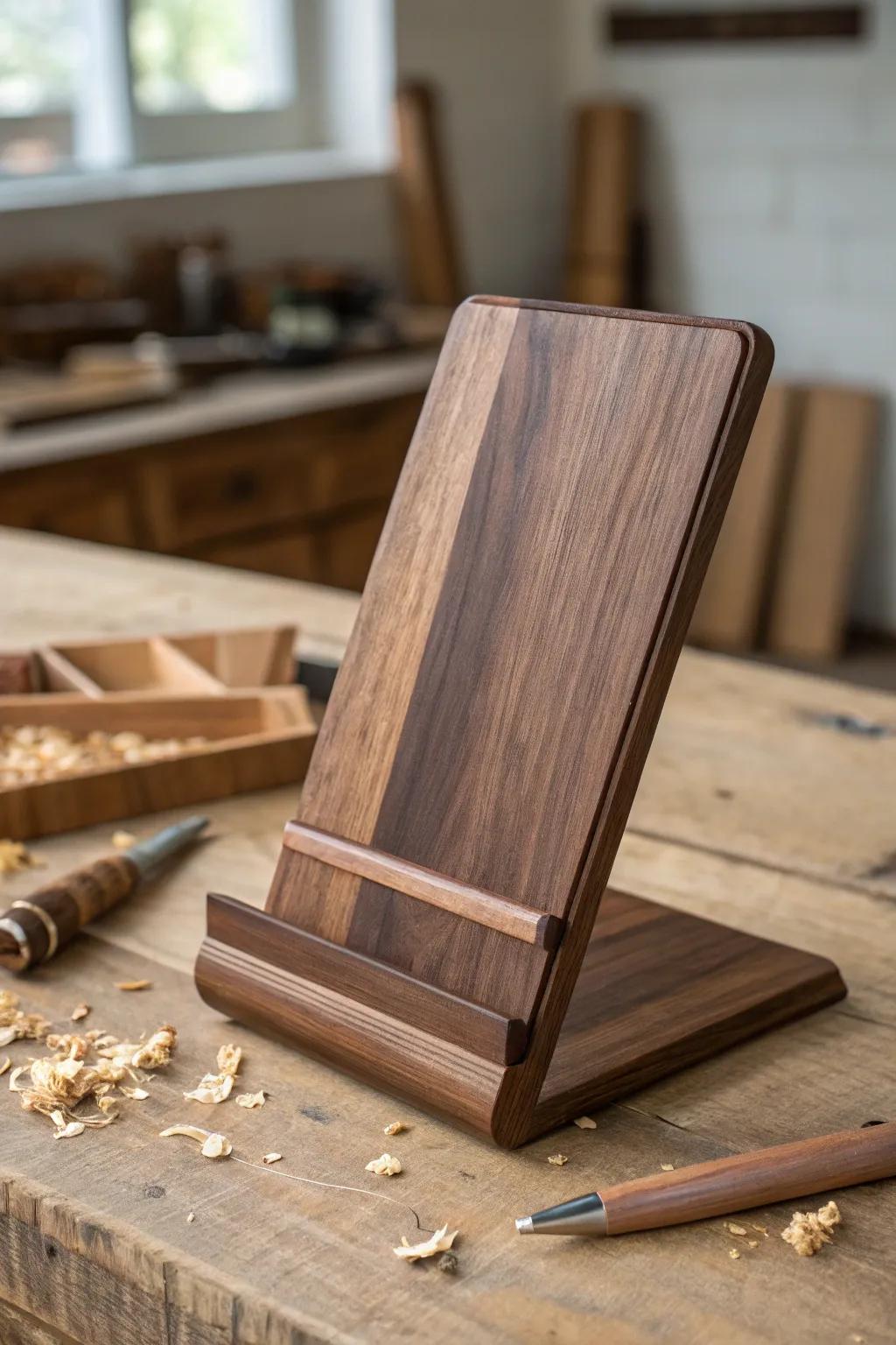 Elevate your workspace with a handcrafted walnut tablet stand, where elegance meets functionality.