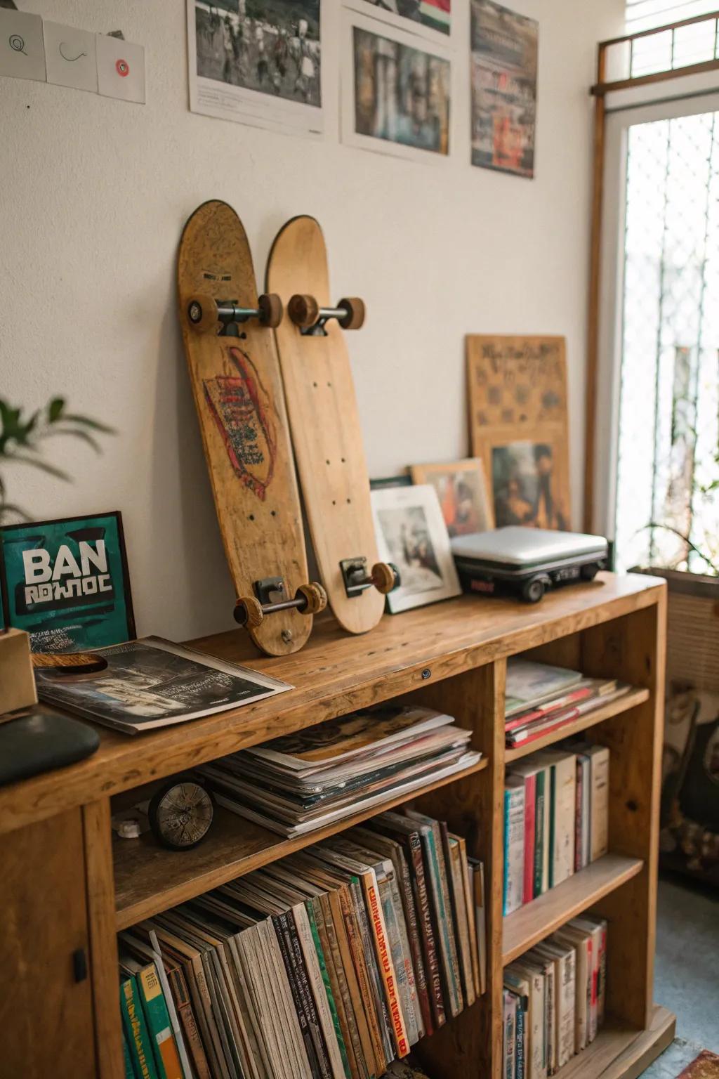 Skateboard decks cleverly used as bookends on a shelf.