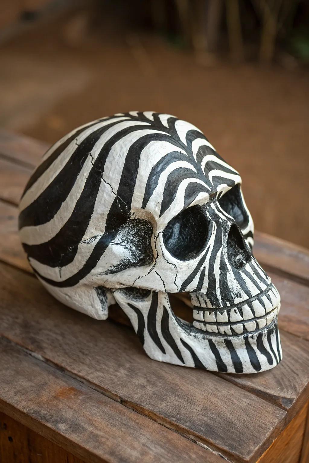 Embrace the wild: Zebra-striped skull art for the daring craftsman.