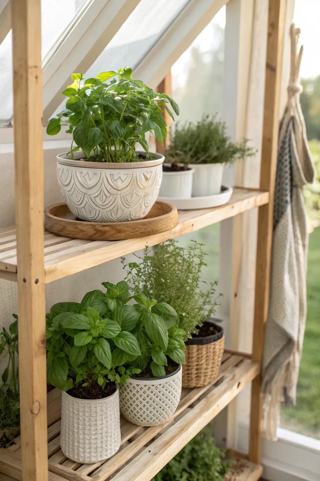 Harvest your joy: A minimalist greenhouse oasis with fresh herbs adding a touch of nature's elegance.