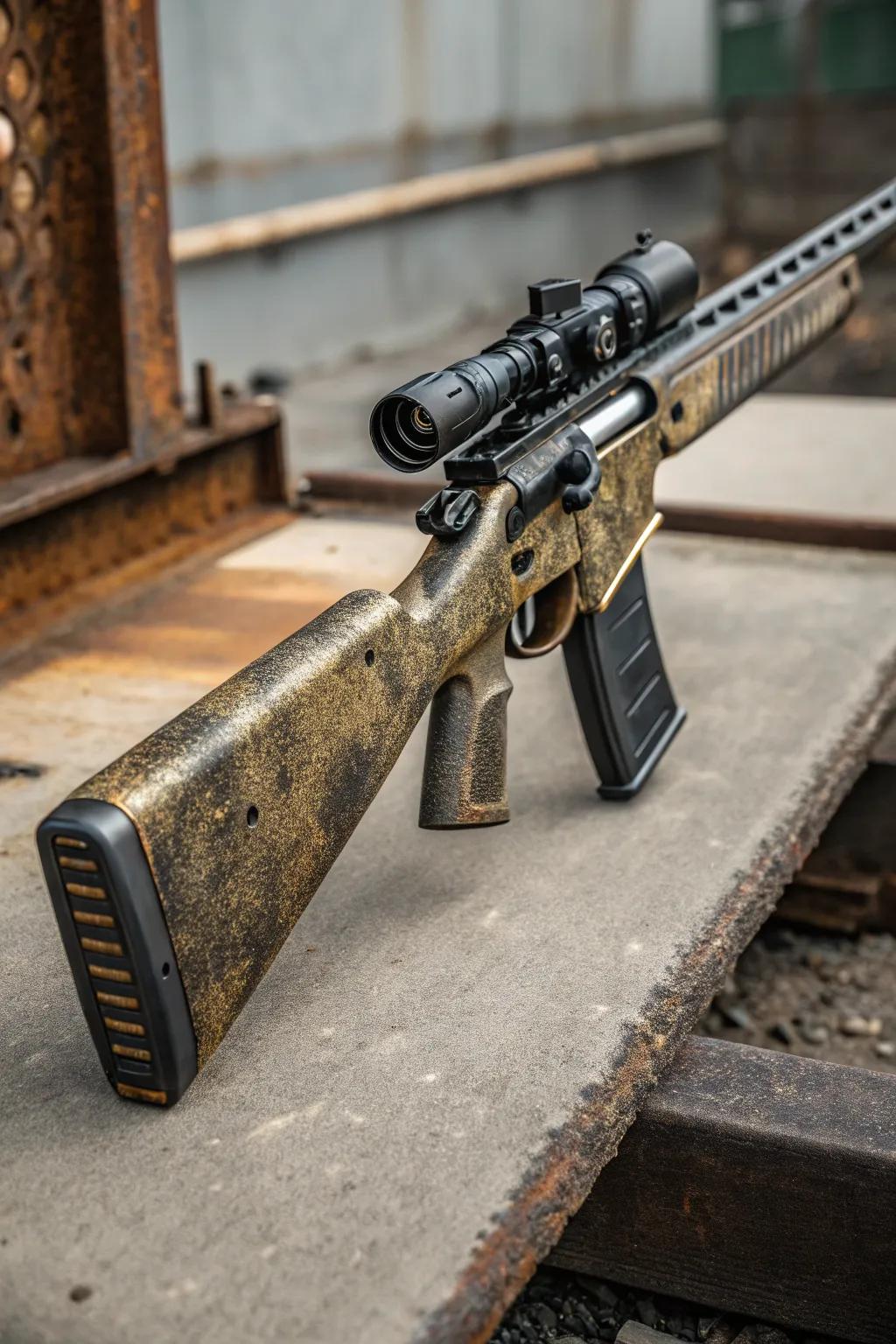 Embrace the urban edge with this industrial grunge rifle stock design.