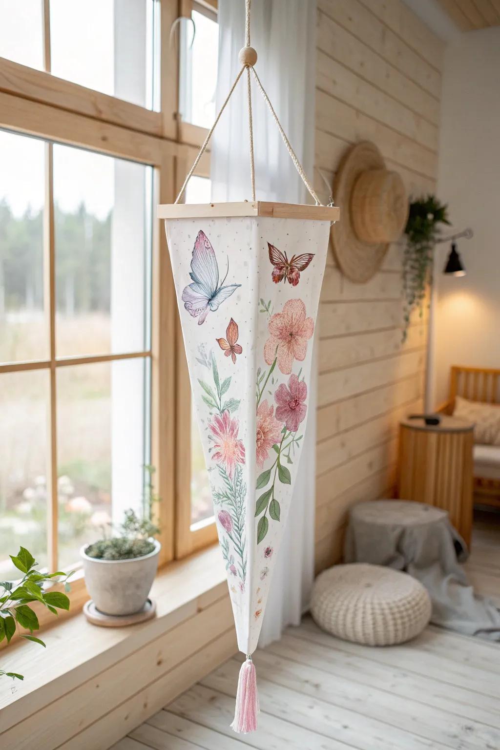 Catch the spring breeze with this charming, handcrafted windsock - a touch of nature's beauty for your space.