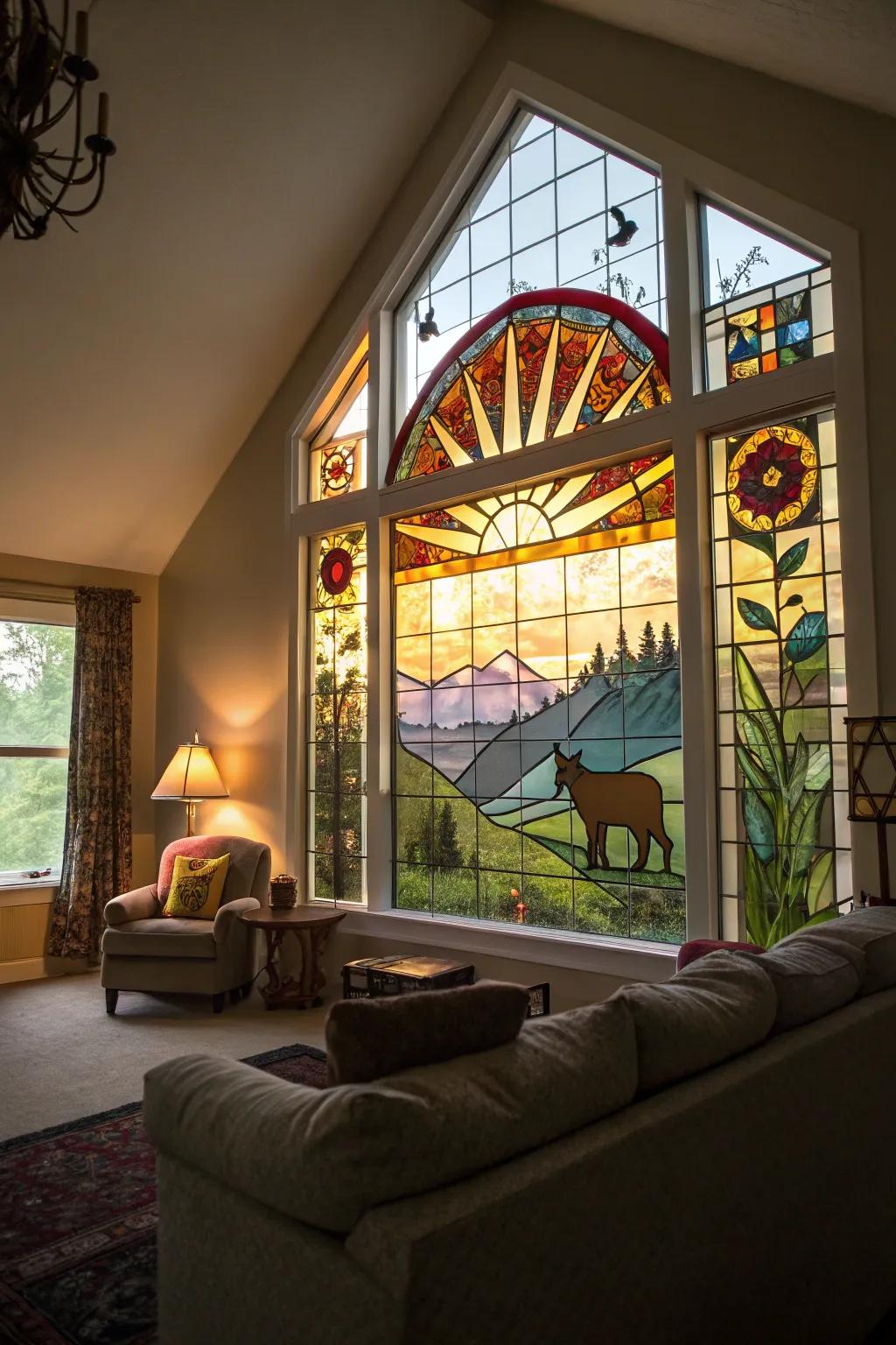 Symbolic animal motifs in stained glass for peace.