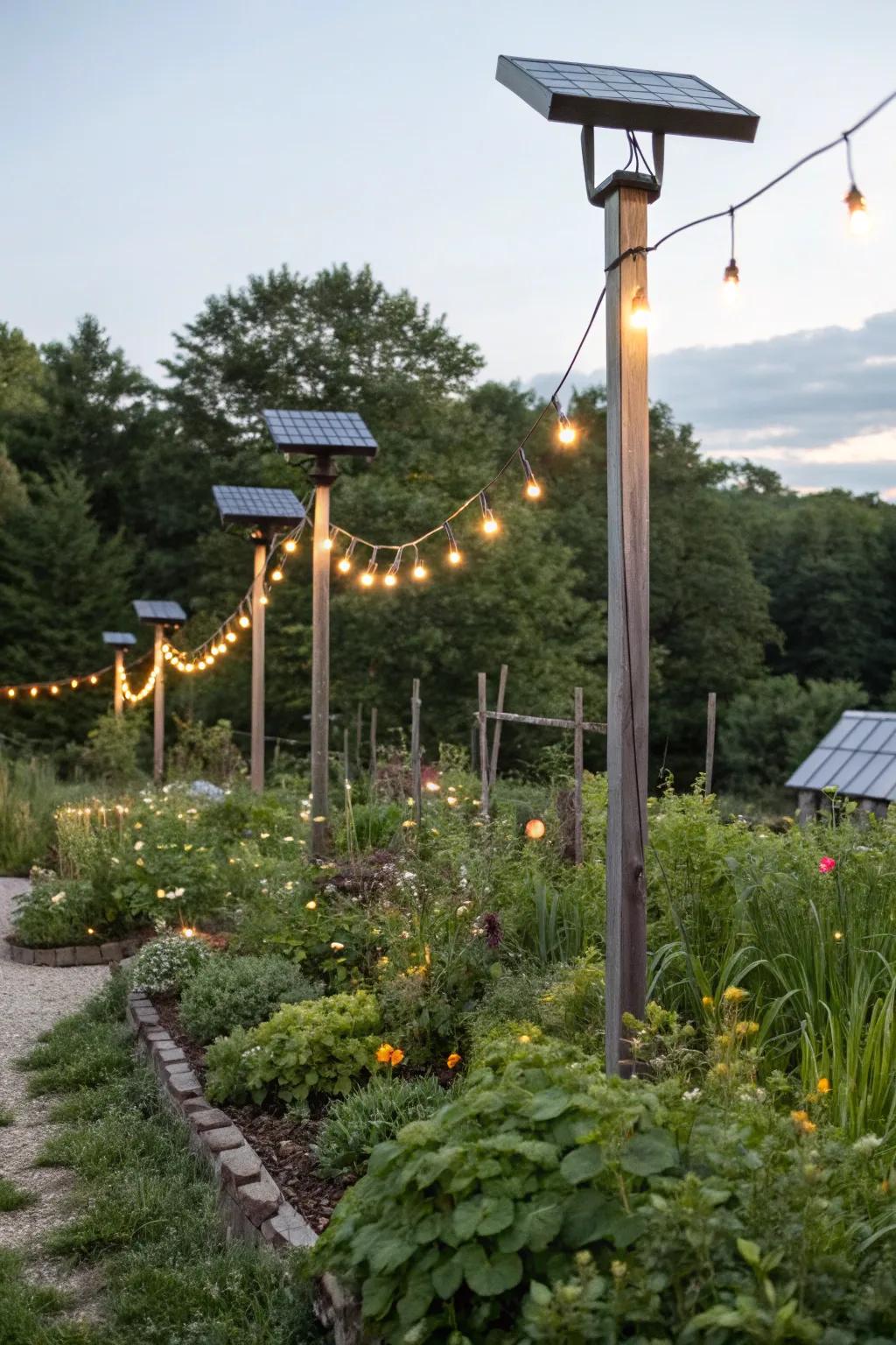 Solar-powered poles provide an eco-friendly lighting solution for your garden.