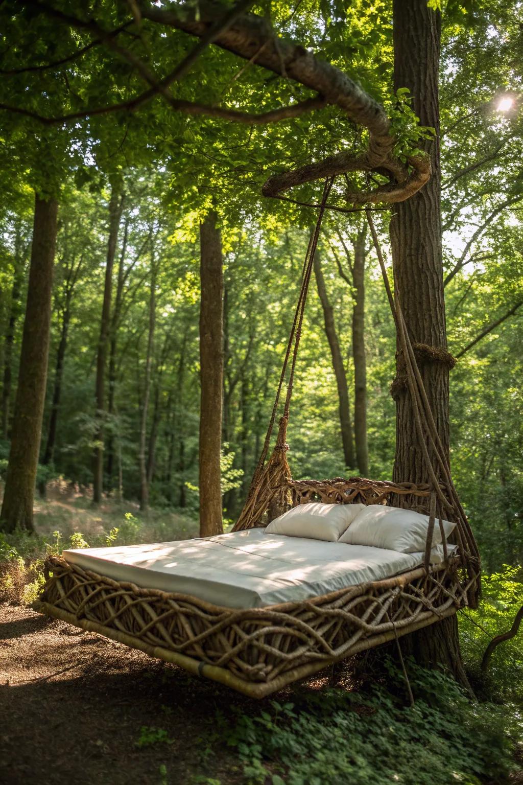 Elevate your wilderness experience with a handcrafted floating bed that blends craftsmanship with nature's beauty.