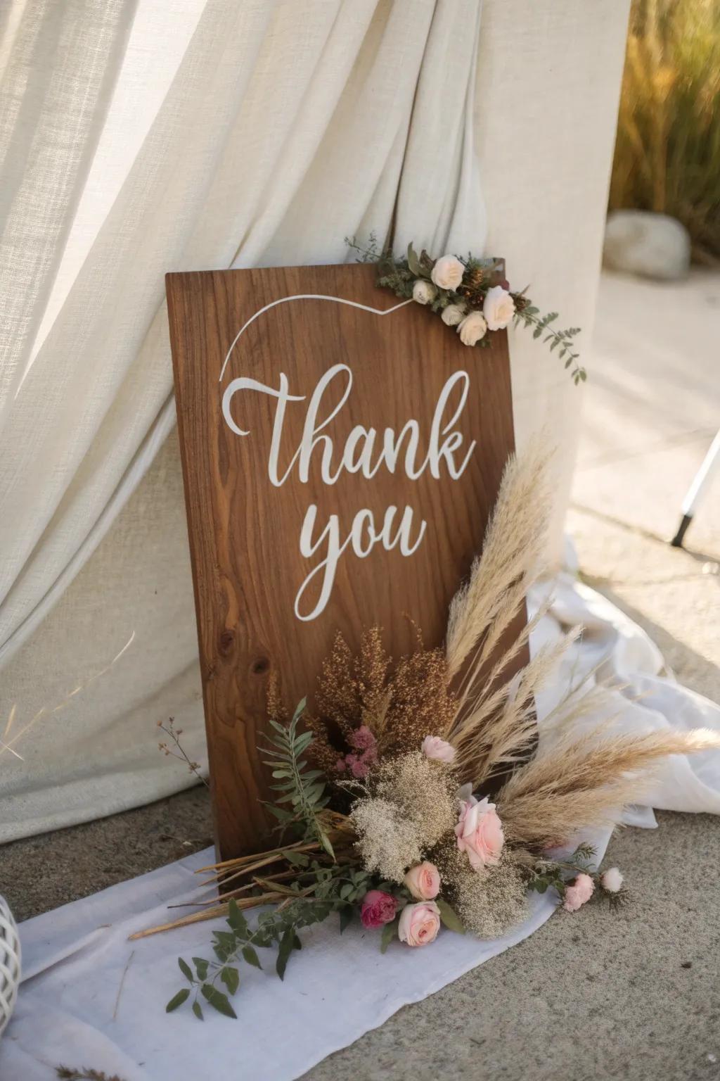 Crafted with Love: A minimalist thank you sign blending Scandinavian simplicity with bohemian elegance.