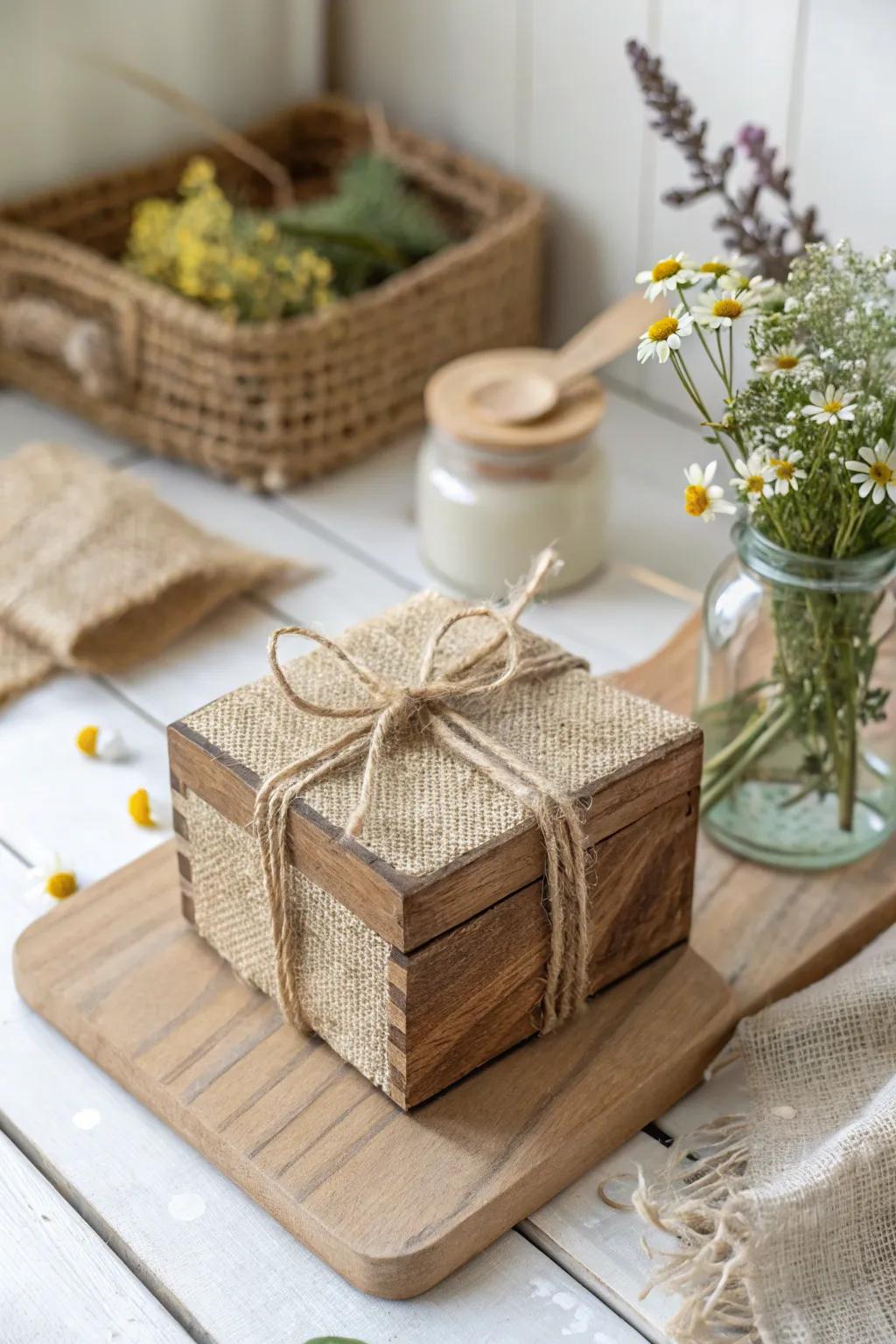 Add a touch of rustic elegance to your space with charming burlap and twine-wrapped boxes.