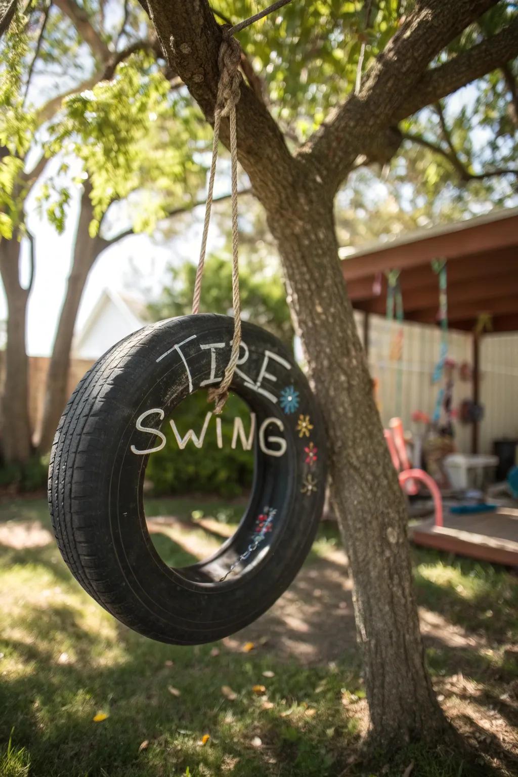 Unleash creativity with every swing on this interactive chalkboard tire.