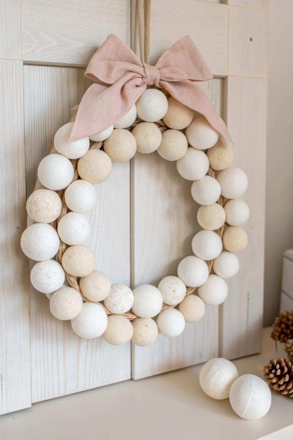 Delight in the simple beauty of this handcrafted foam ball wreath, perfect for a festive touch with Scandinavian flair.