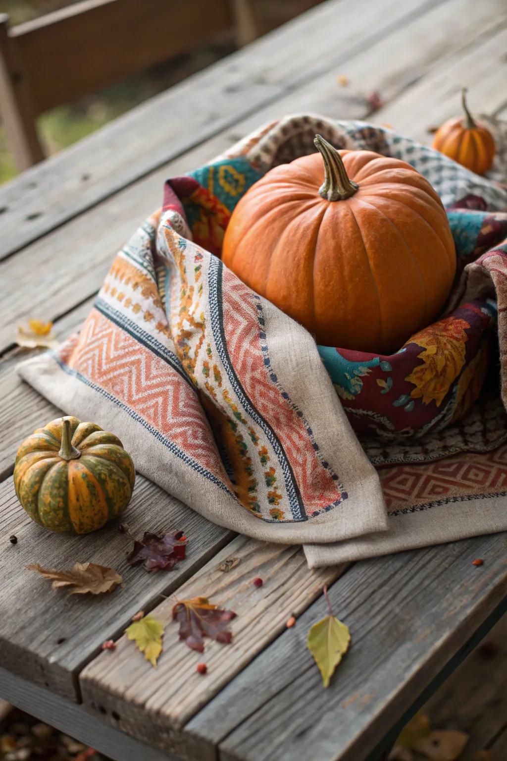 A chic pumpkin wrapped in stylish patterned fabric.