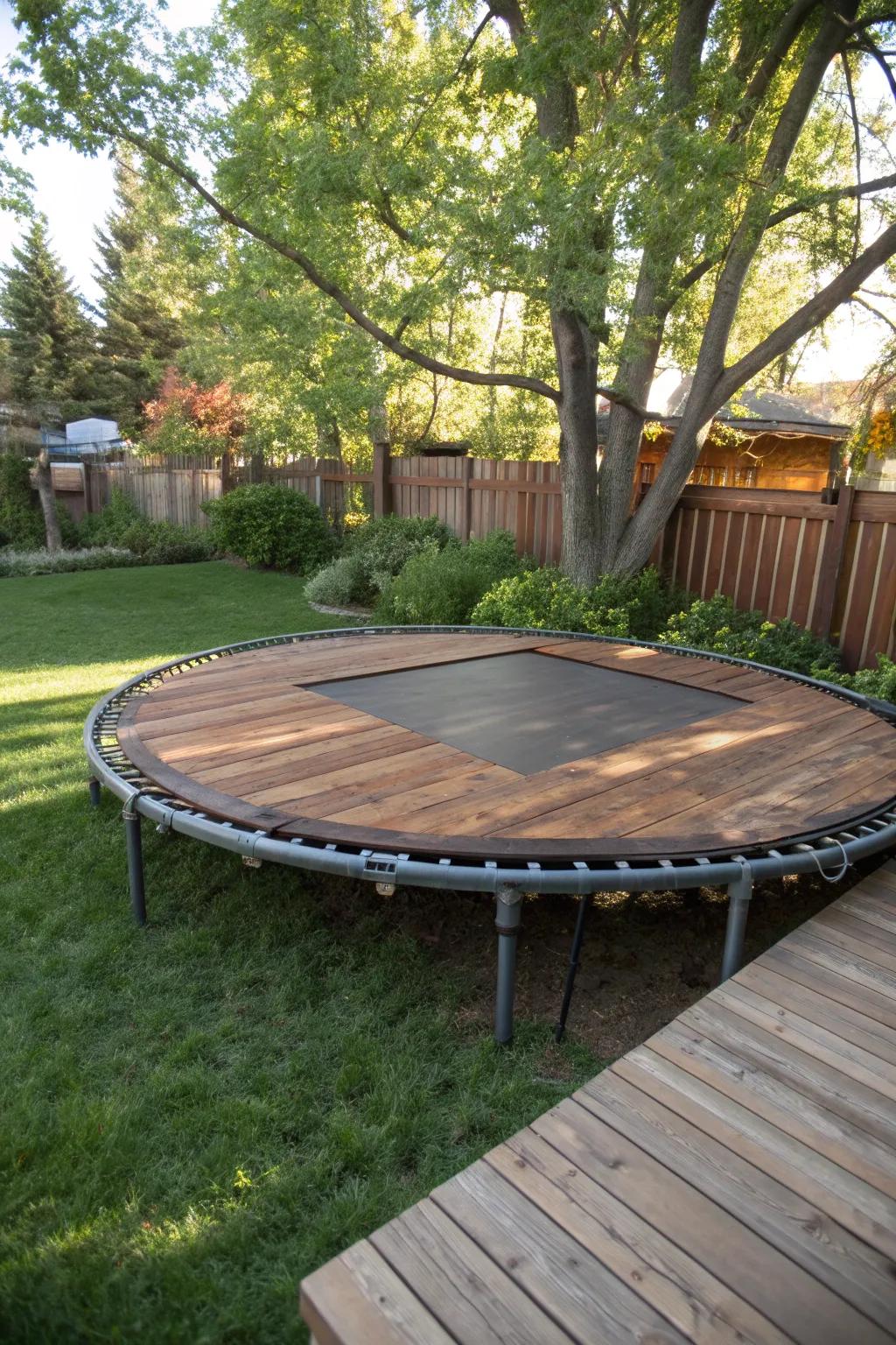 Elevate your outdoor space with a floating deck crafted from a trampoline frame—where creativity meets craftsmanship.
