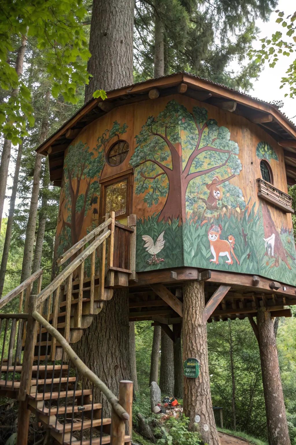 Elevate your treehouse with an artistic mural that brings the forest to life.