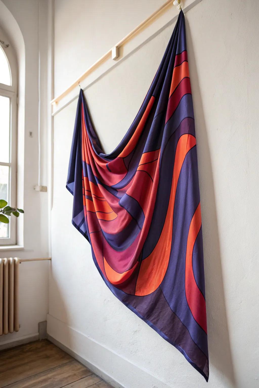 Transform your space with flowing fabric art that dances with color and simplicity.