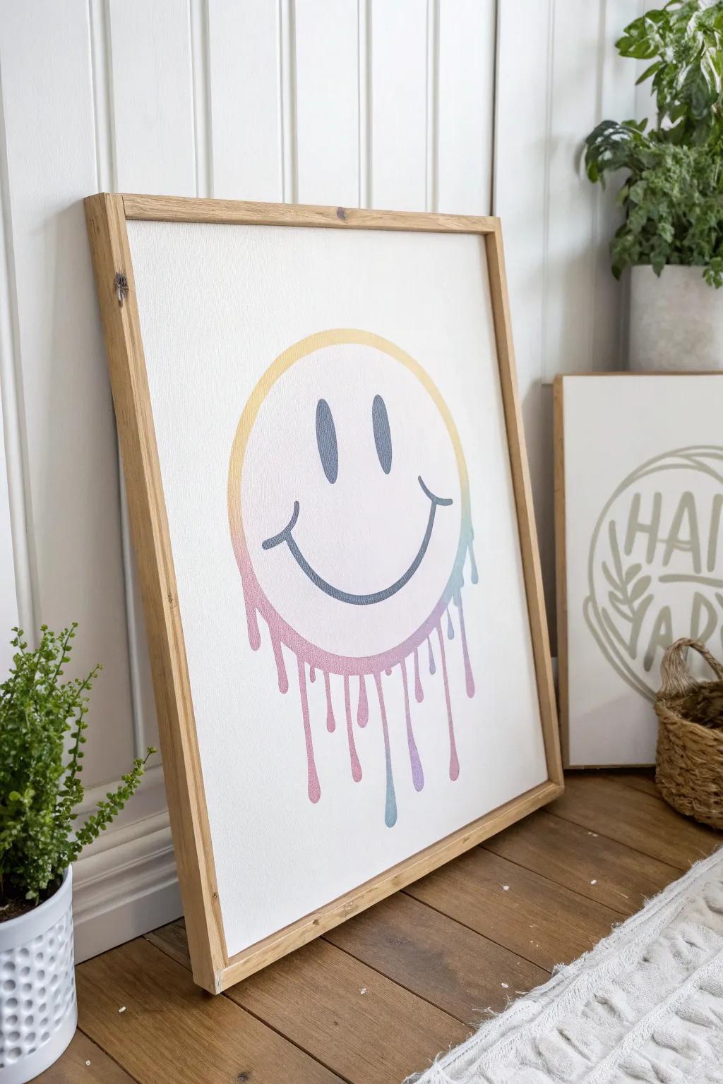 Add a touch of whimsy to your space with this charming melting smiley face painting, a perfect blend of minimalism and playful artistry.