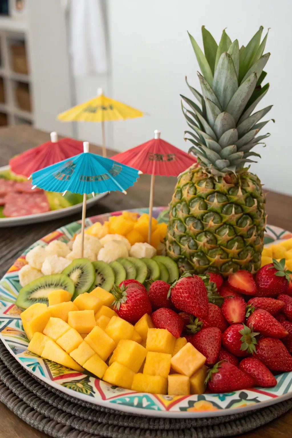 Festive decorations add a playful touch to this vibrant fruit display.