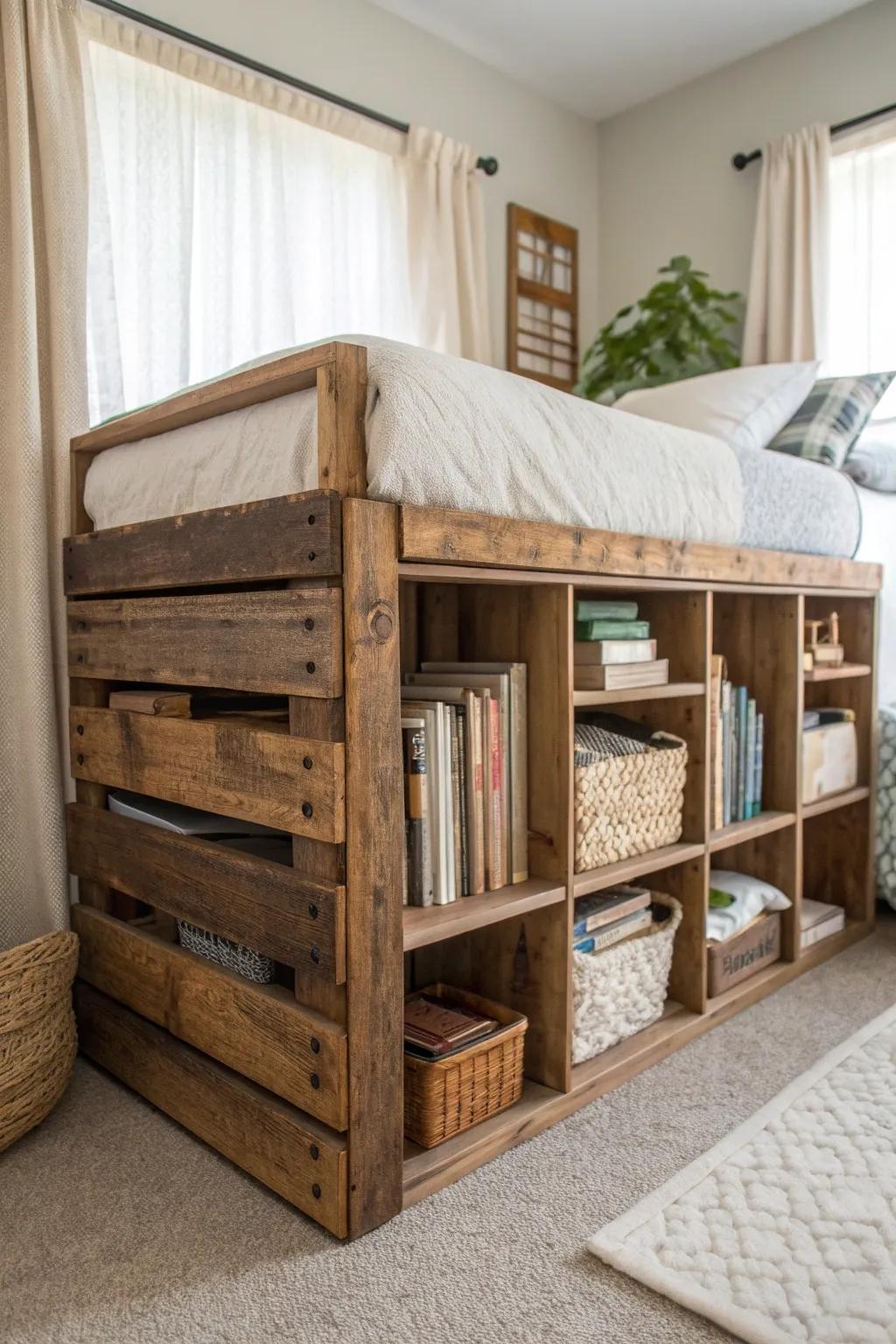 Transform your space with rustic elegance: DIY pallet storage for a stylish dorm room upgrade.