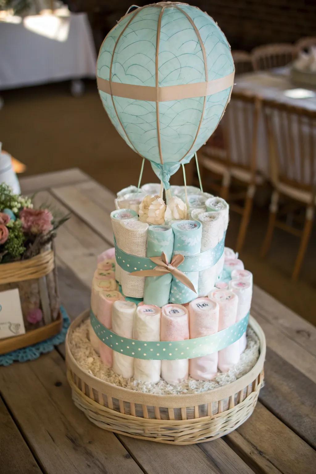 Soar to new heights with this charming vintage air balloon diaper cake, a perfect blend of creativity and craftsmanship.