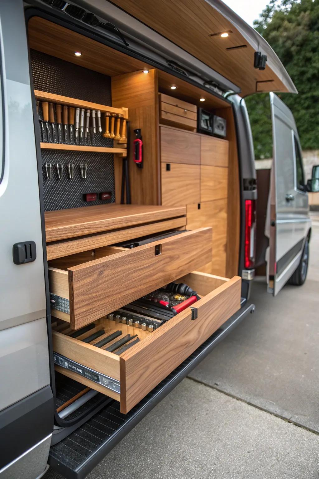Master the art of concealment with this ingeniously crafted hidden compartment for your valuable tools.