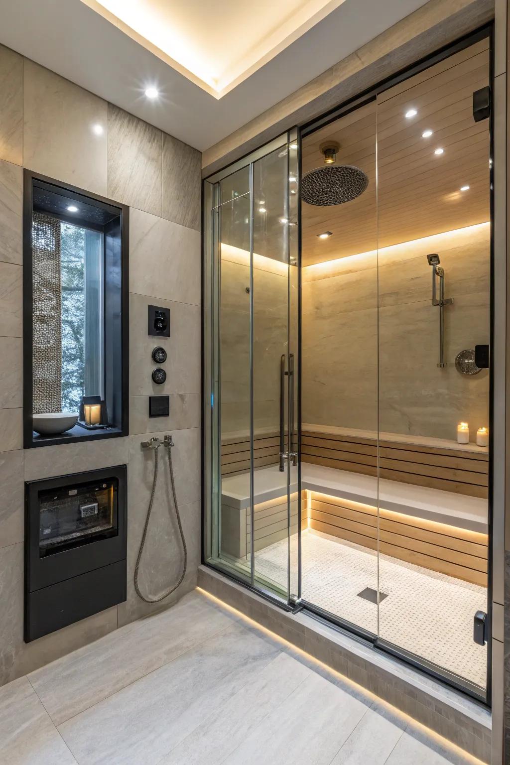 An integrated sound system turns your steam shower into a personal concert hall.