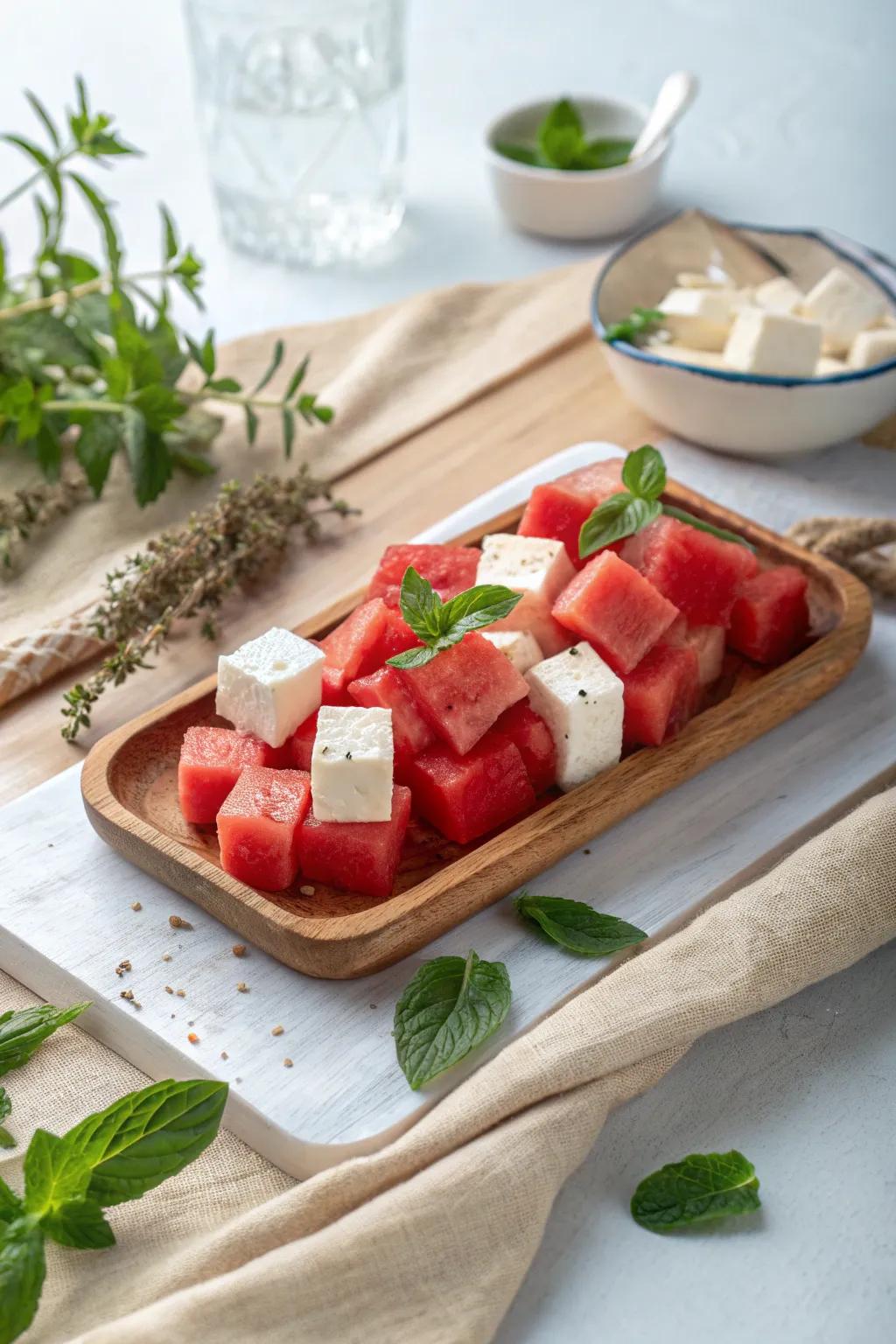 Elevate your snacking with a minimalist watermelon and cheese pairing that's as delightful to the eyes as it is to the palate.