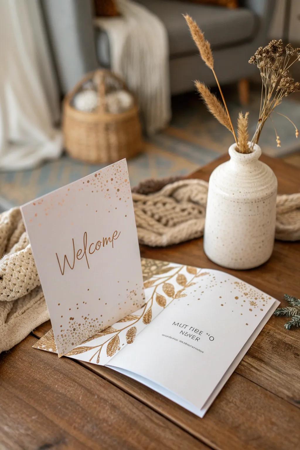 Elevate your greetings with the luxurious shine of foil accents. Perfect for adding that special touch to your welcome cards.
