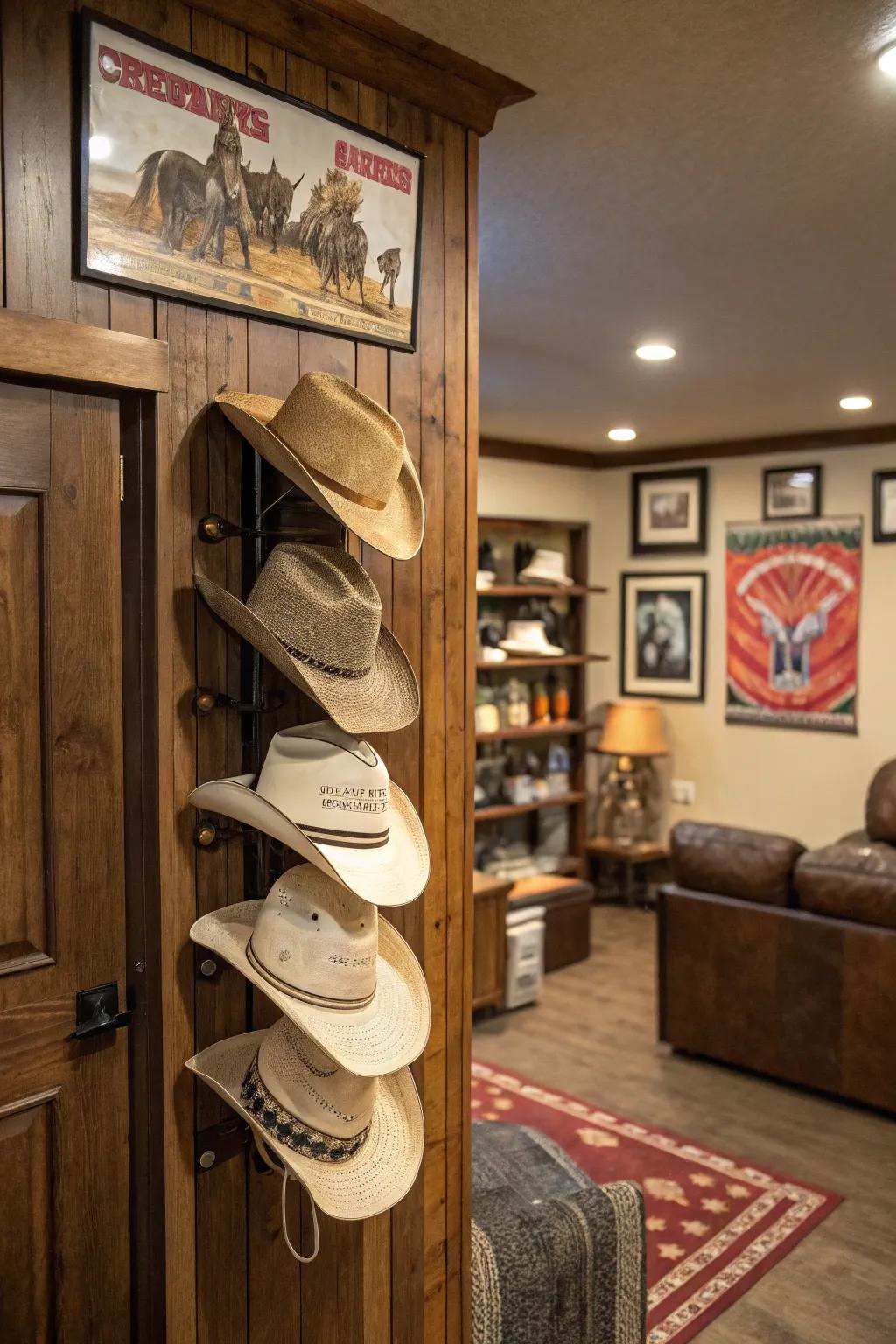 A cowboy hat rack personalizes the space.