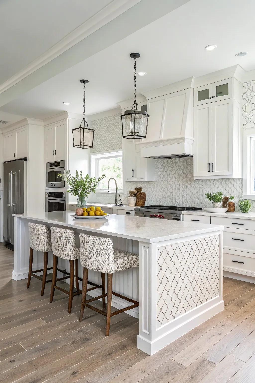 A textured backsplash that adds depth and character to a white kitchen.