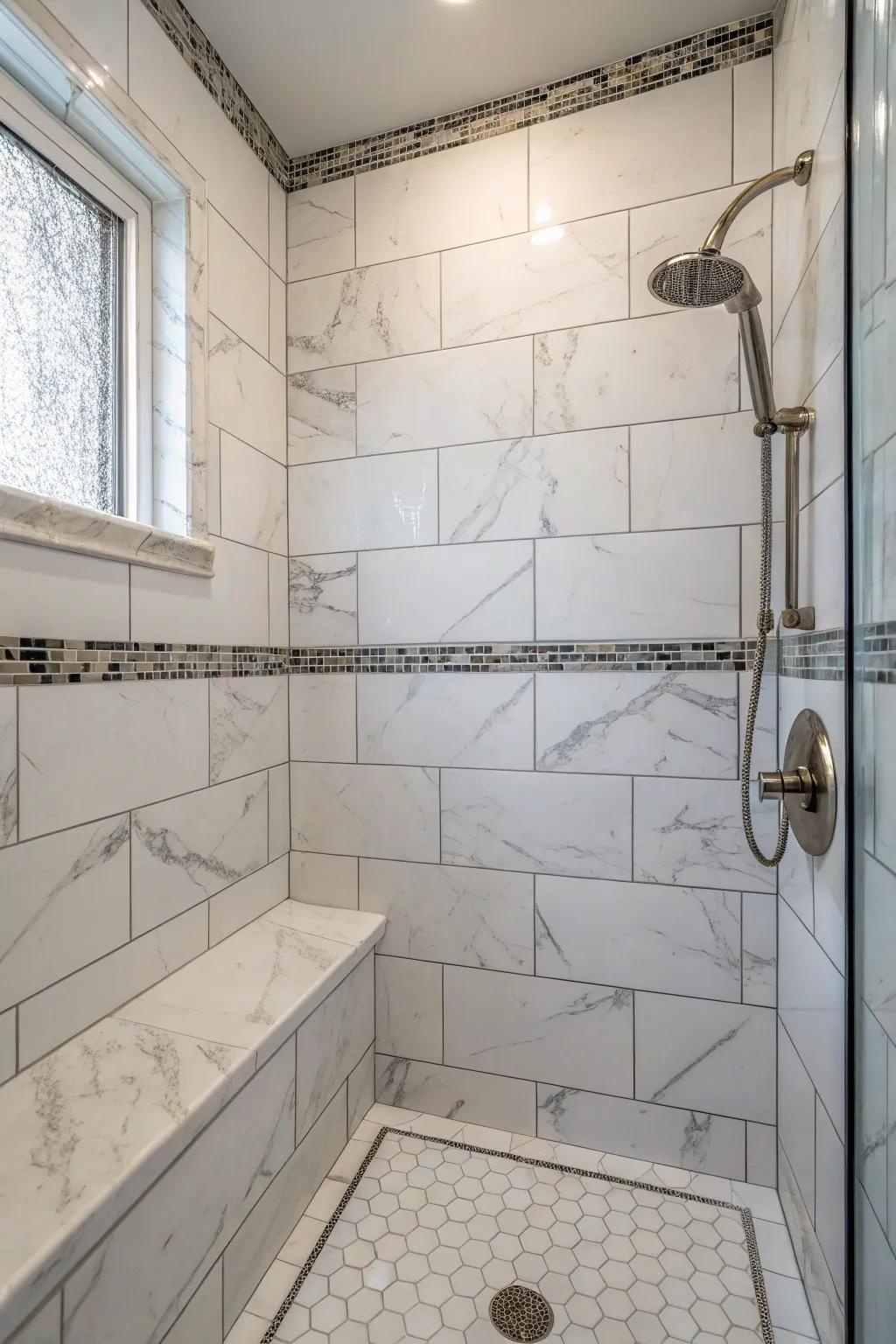 Veined porcelain tiles offer a marble look with durability.