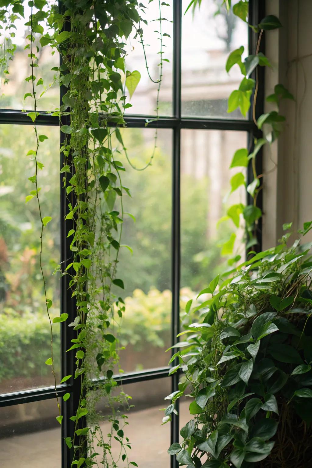 A vertical hanging garden provides privacy and a touch of nature.