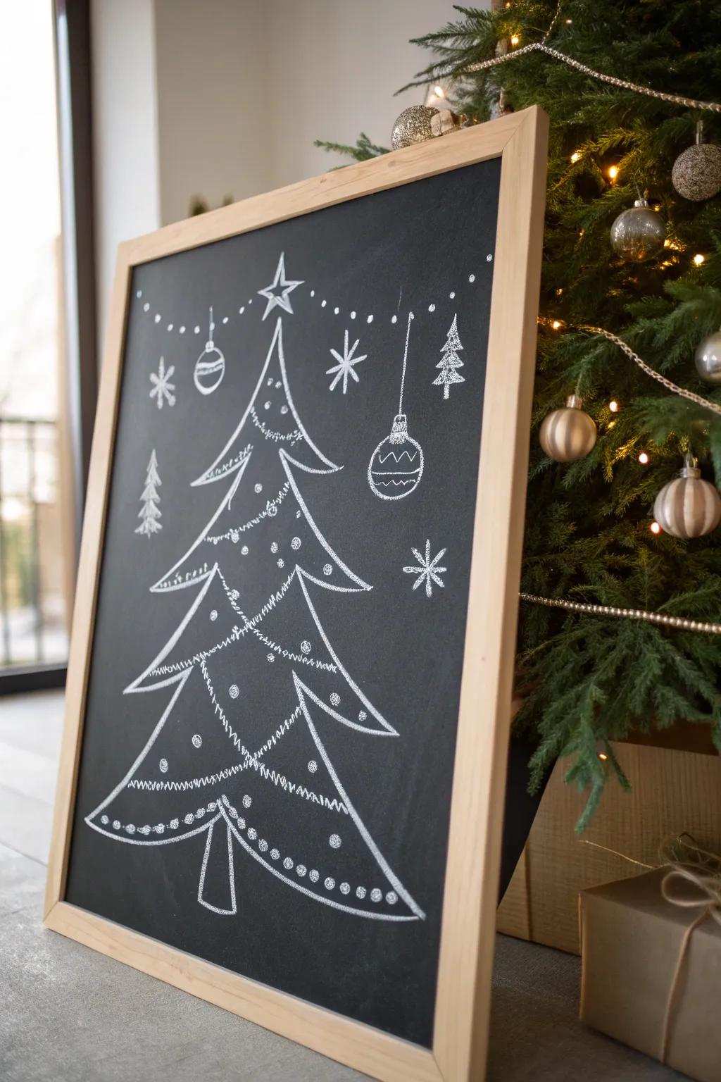 Embrace the beauty of minimalism with this chic Christmas tree chalkboard idea, where simplicity meets festive charm.
