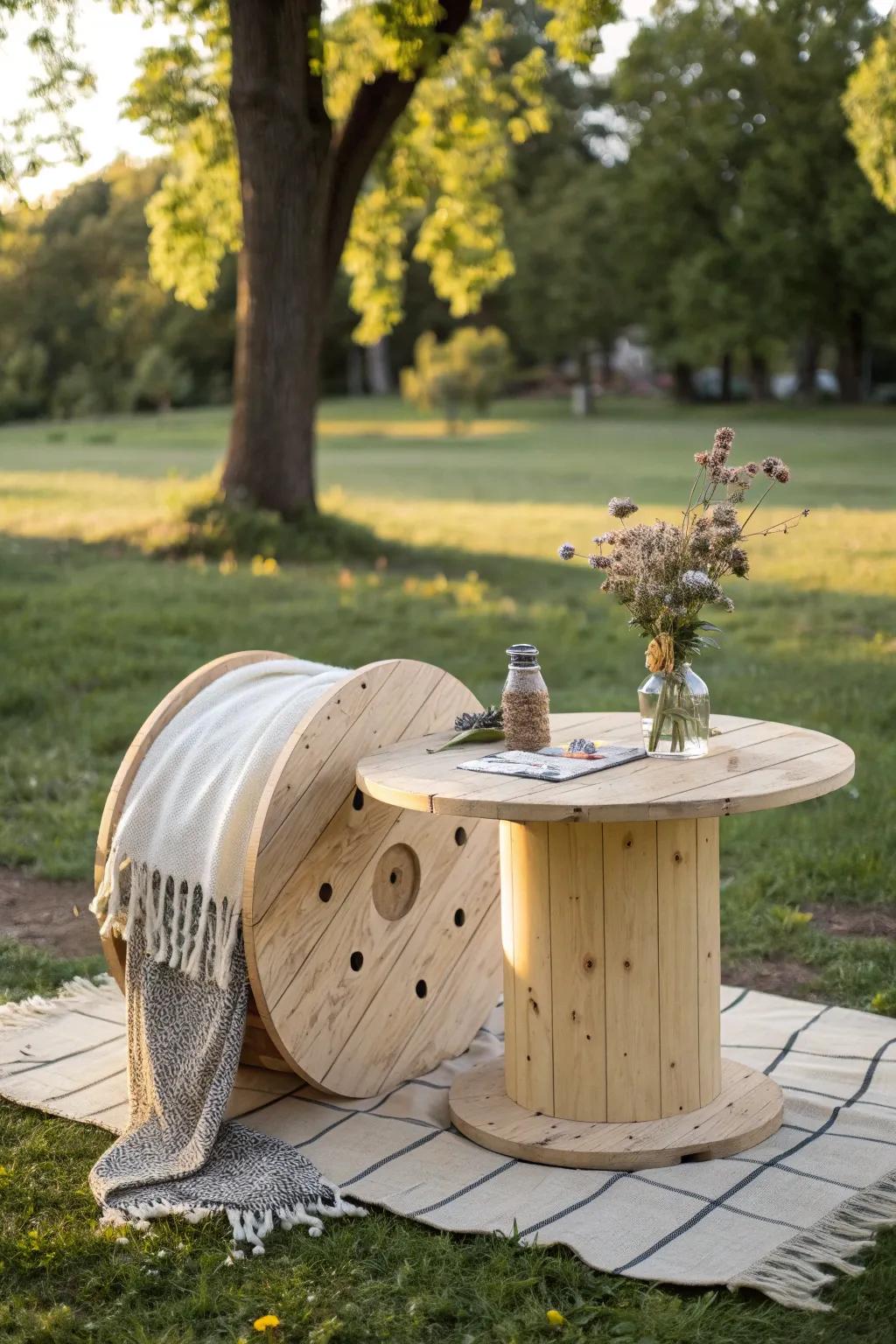 Elevate your outdoor dining with a charming wooden spool picnic table—where simplicity meets style.