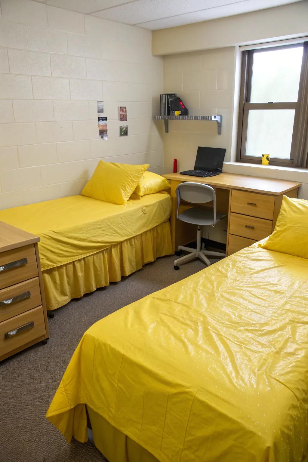 Yellow contact paper transforms plain furniture into personalized pieces.