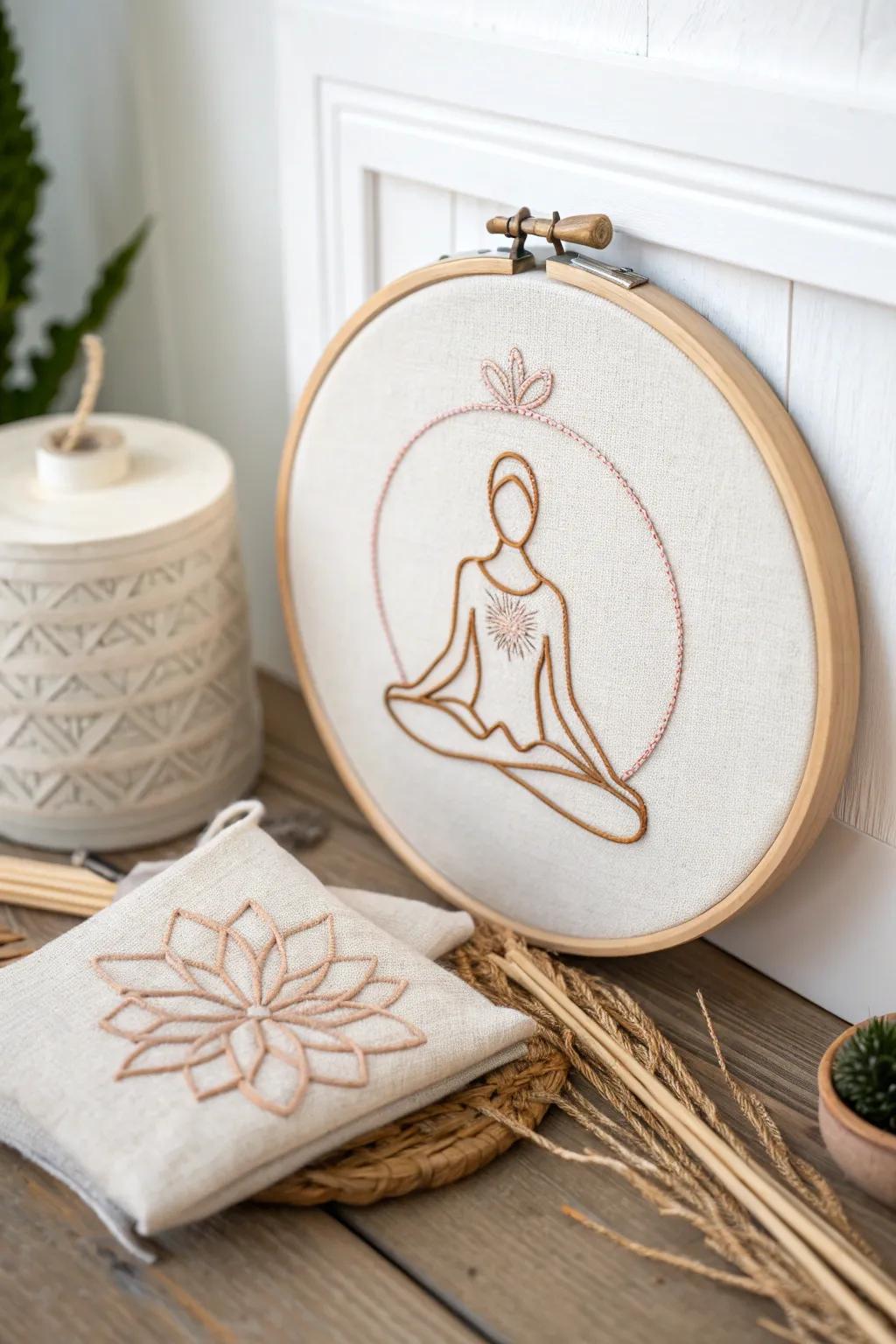 Embrace the art of tranquility with this yoga pose embroidery hoop, where simplicity meets elegance.