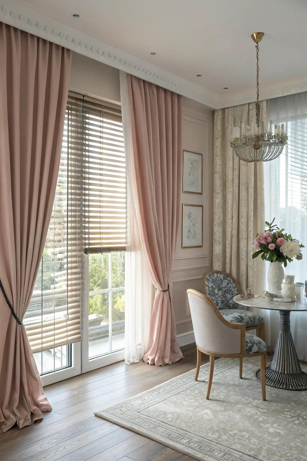 Combine curtains with blinds for texture and functionality.