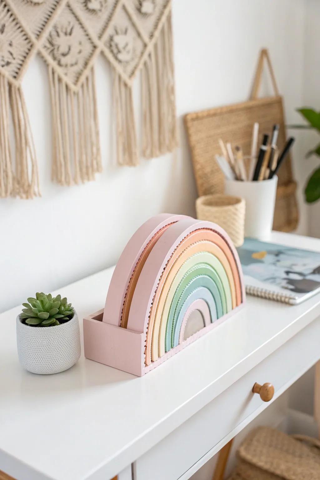 Add a splash of color to your child's study space with this charming rainbow desk organizer. 🌈✨