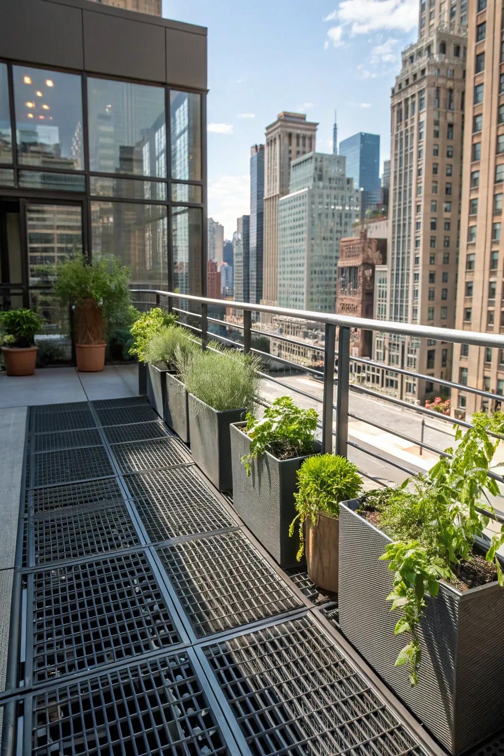 Metal grates add an industrial and modern feel to balconies.