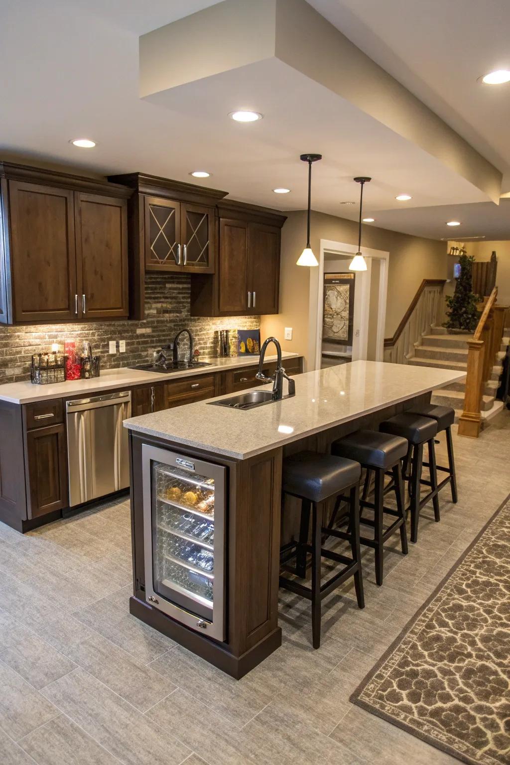 A multifunctional island maximizes the utility of your basement space.