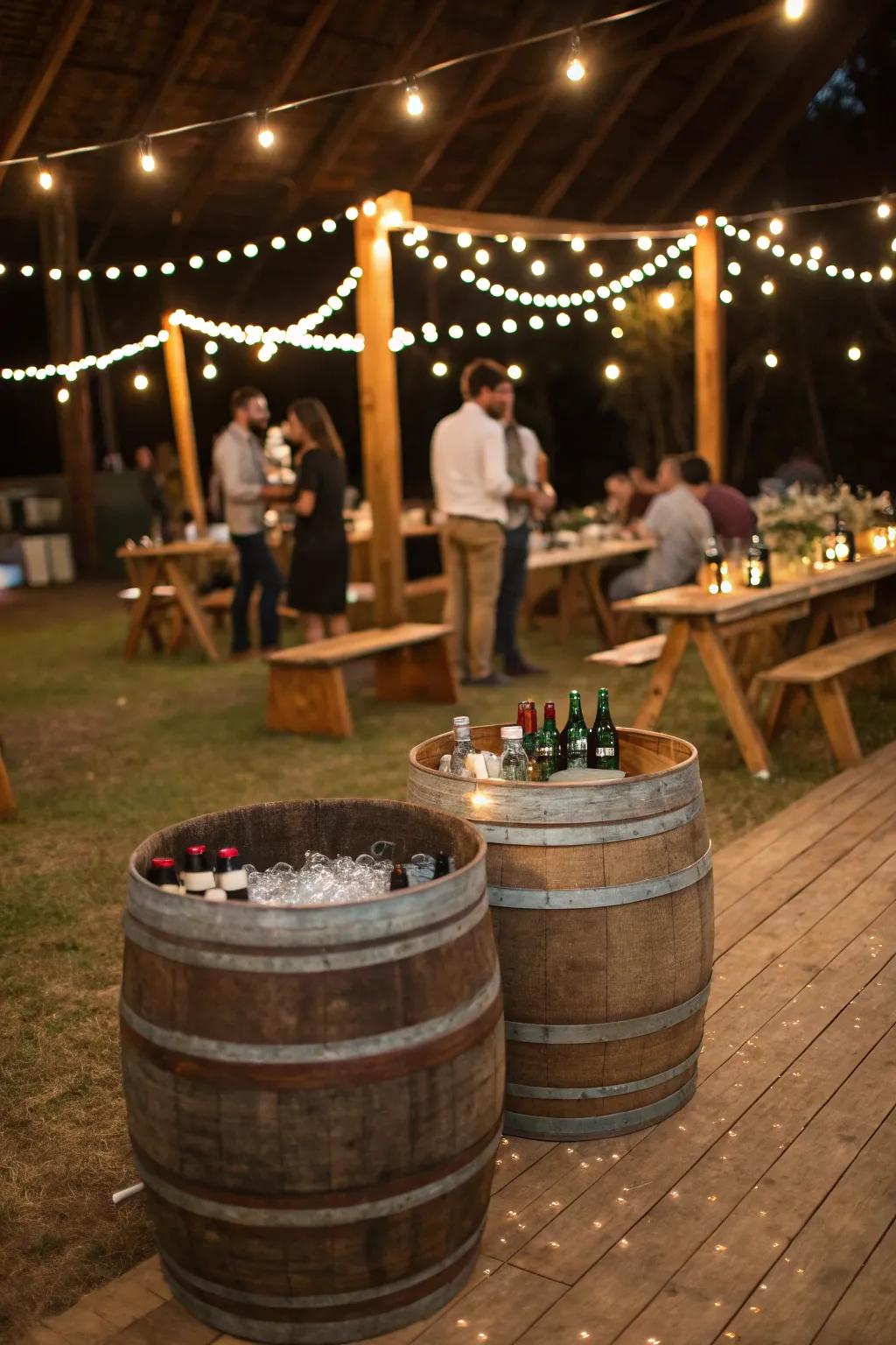 Mini beer barrels serve as charming ice buckets.