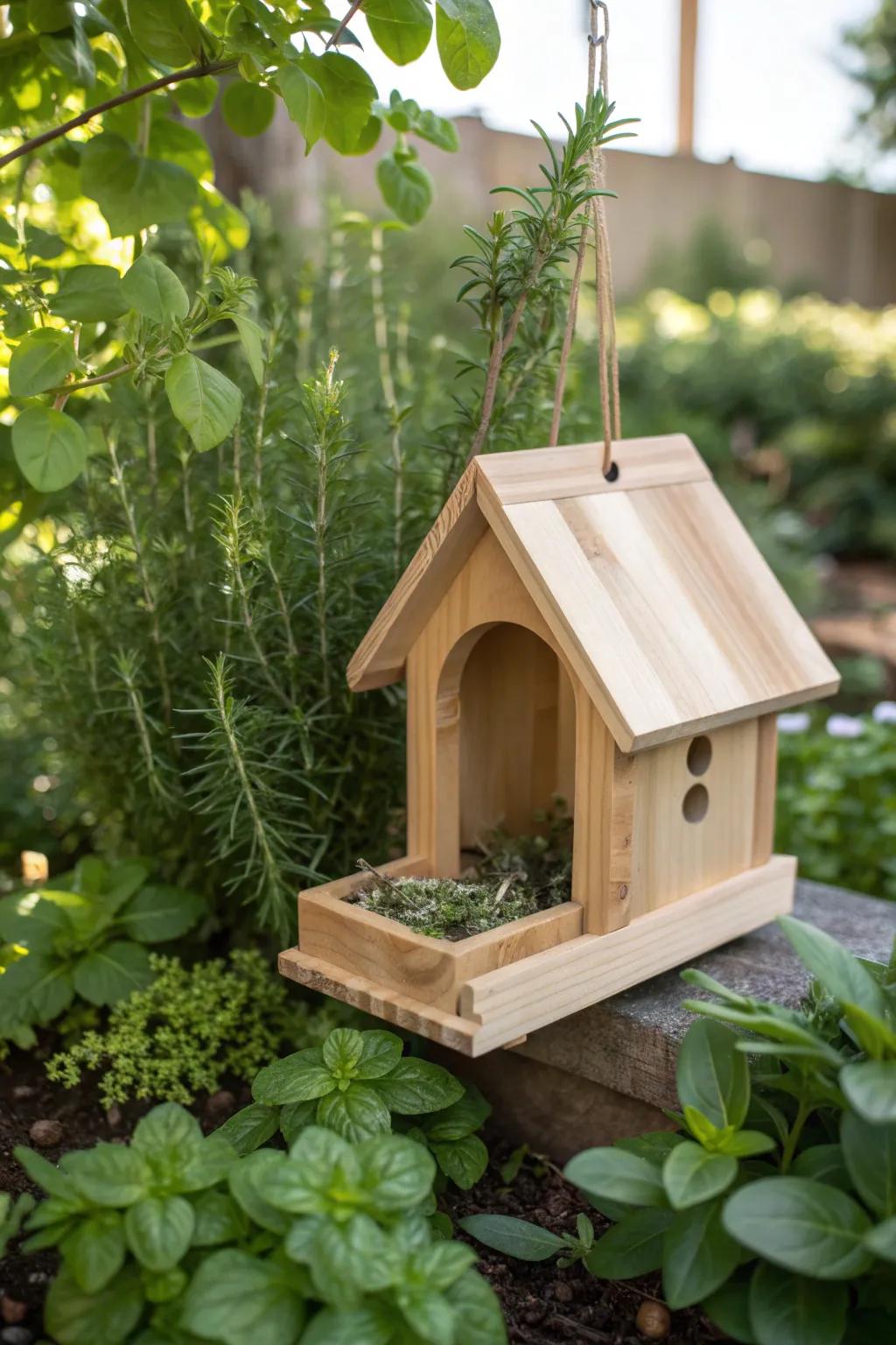 Enhance your herb garden's charm with a minimalist wooden bird feeder—a perfect blend of utility and beauty.