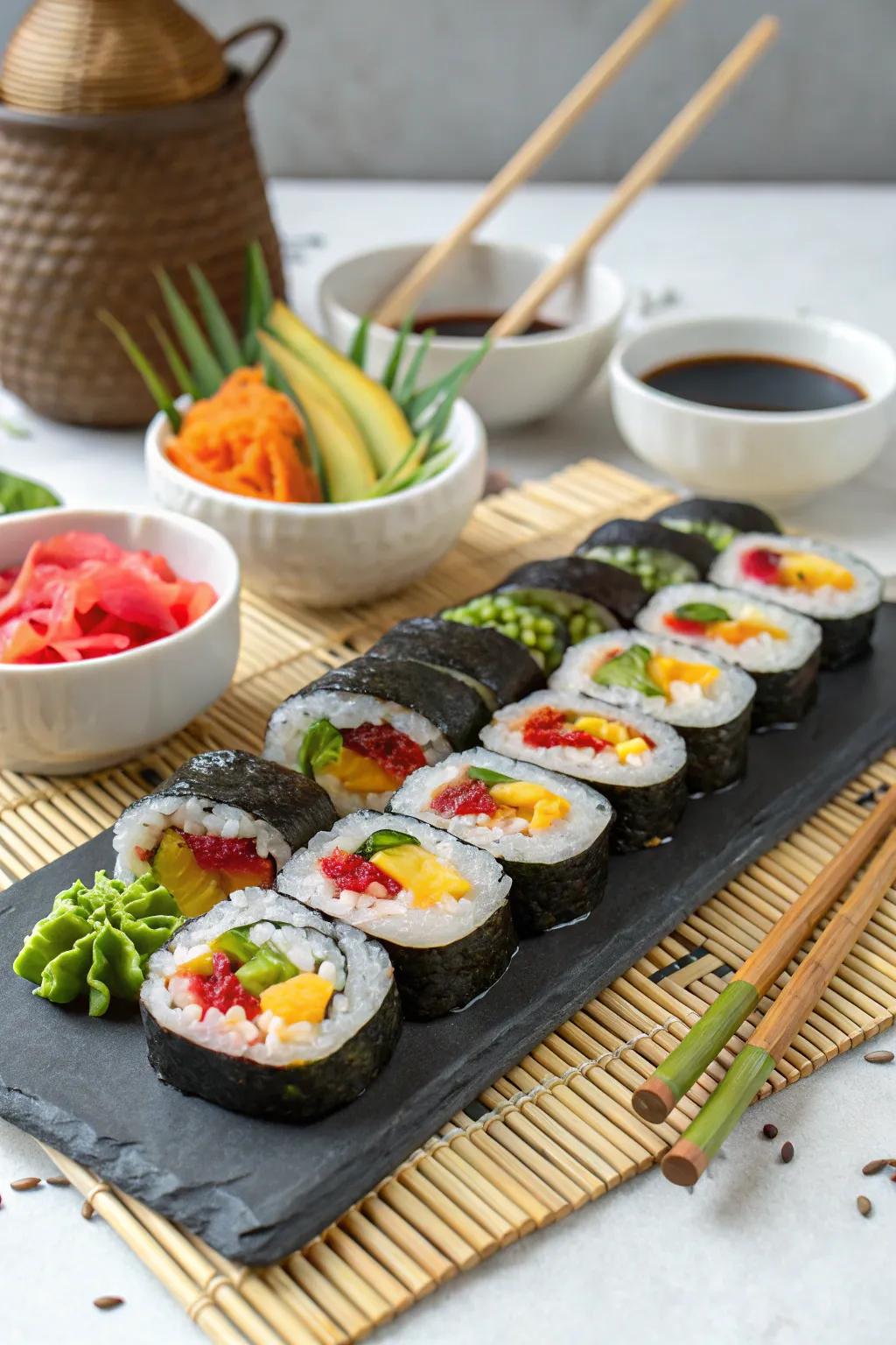A DIY sushi roll platter for a creative and interactive dining experience.