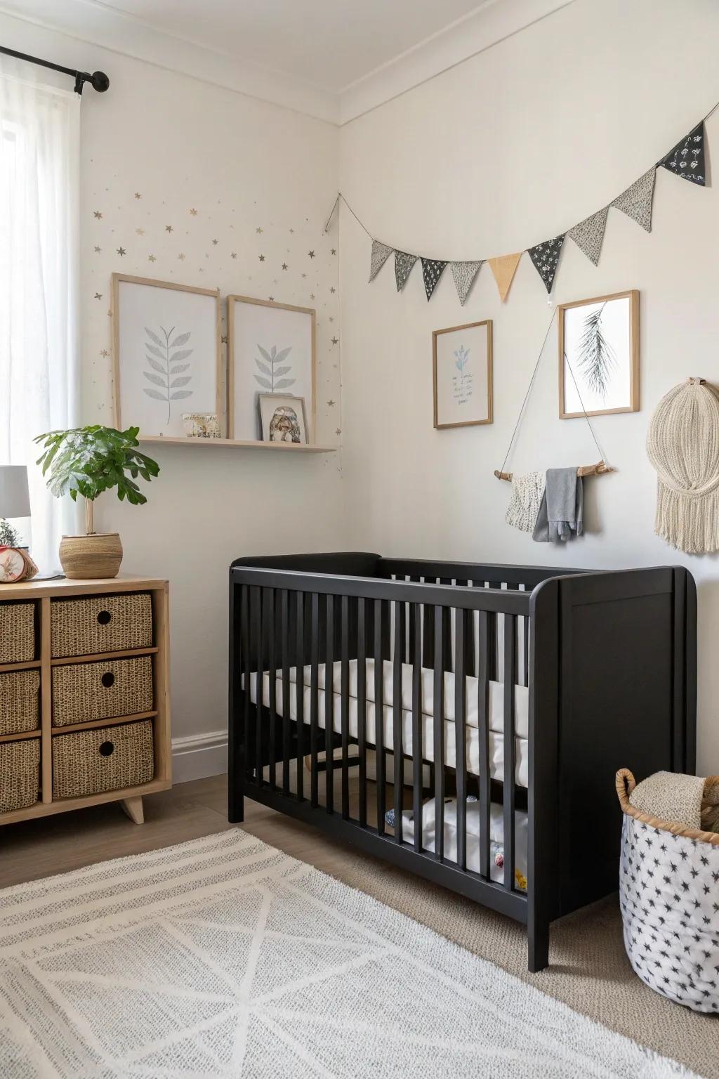 A chic black crib serves as a stylish centerpiece in the nursery.