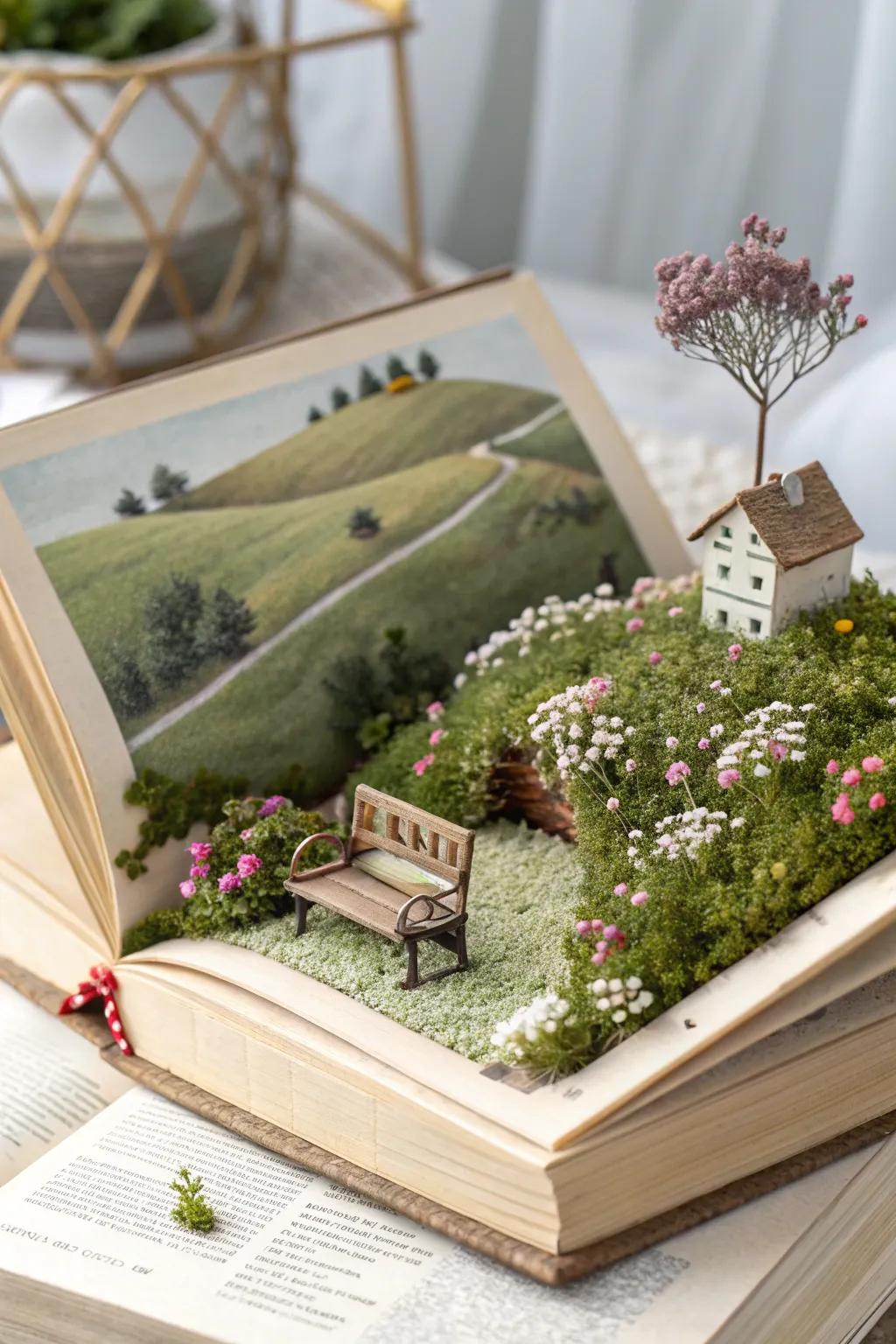 Escape into the tranquility of a miniature garden tucked within the pages of a book.