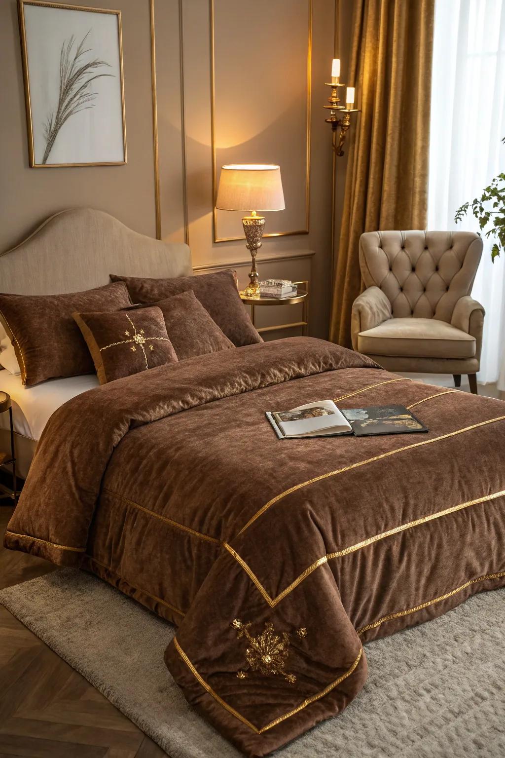 Velvet and gold add luxurious sophistication.