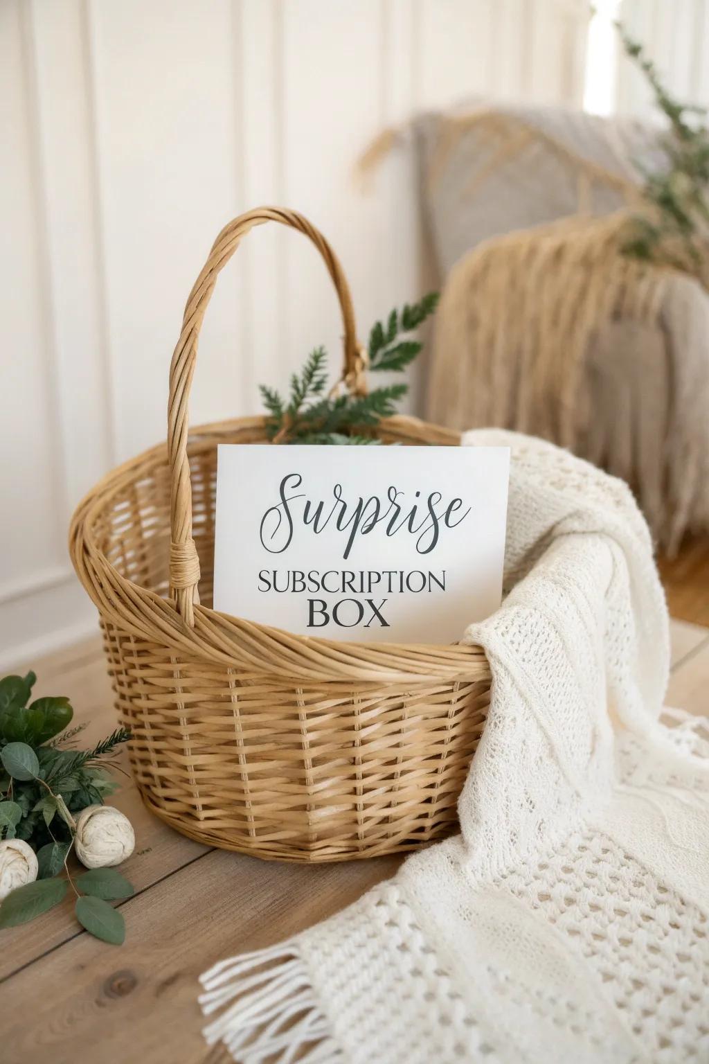 Unwrap the joy of surprise all year round with our elegant subscription box card, nestled in a basket that speaks the language of minimalist charm.