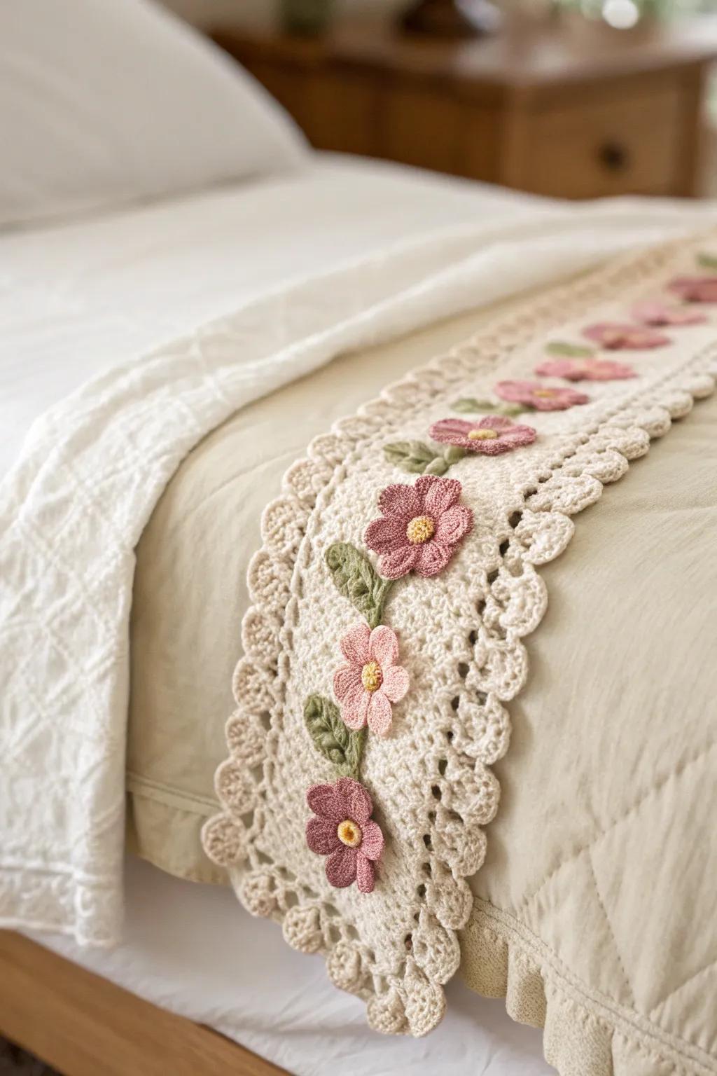 Embrace the charm of Flower Power with delicate crochet blooms enhancing your quilt's edge.