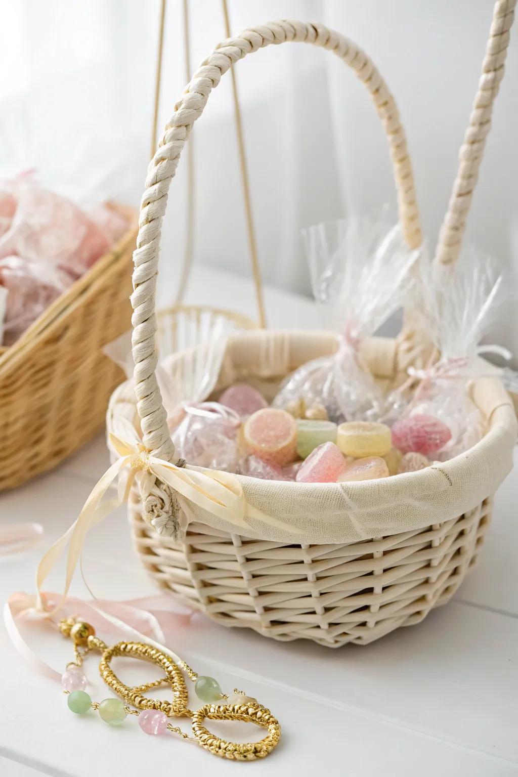 A delightful surprise awaits in this elegant candy basket – the perfect blend of minimalist charm and hidden treasures!