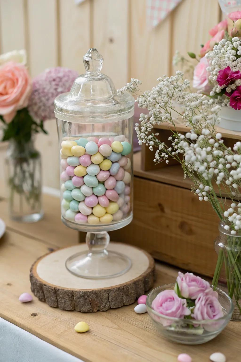 Elevate your candy booth with a delightful mix of candies and fresh flowers for a tastefully vibrant display.